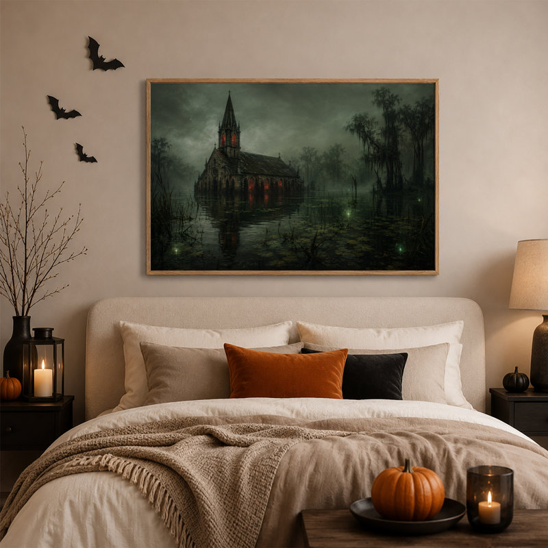 Église gothique dans un marais brumeux avec toile murale rougeoyante pour l'Halloween, 32"H x 48"W