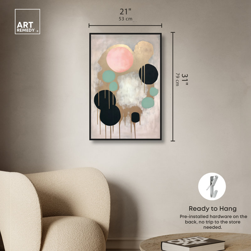 «Spheres with Gold Abstract Shapes», art mural tendance par Art Remedy, Cadre noir, H 31 po x l 21 po