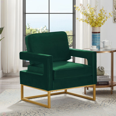 Chaise d'appoint de style moderne avec base en métal doré, fauteuil de loisir rembourré en velours avec accoudoirs ouverts, fauteuil