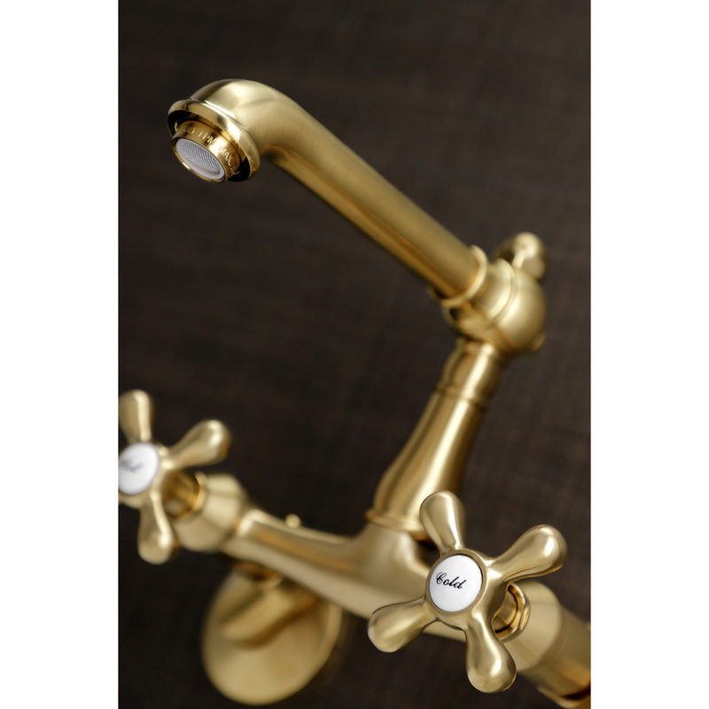 Kingston Brass English Country Double-Handle 2-Hole Wall-Mount Bridge Kitchen Faucet, Brushed Brass