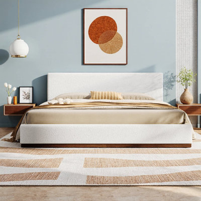 Très grand cadre de lit tapissier en tissu blanc très grand avec base en bois massif et assemblage facile