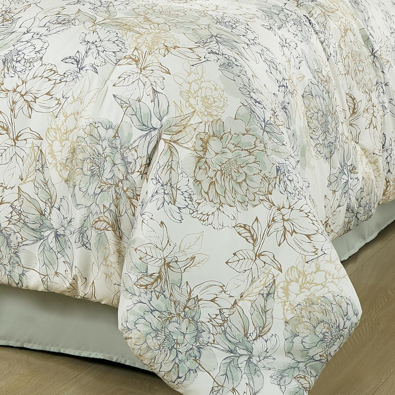 Allery Floral Botanical Embroidered Comforter Set, Brown/Gray/Soft Green, California King Comforter  + 6 Additional Pieces