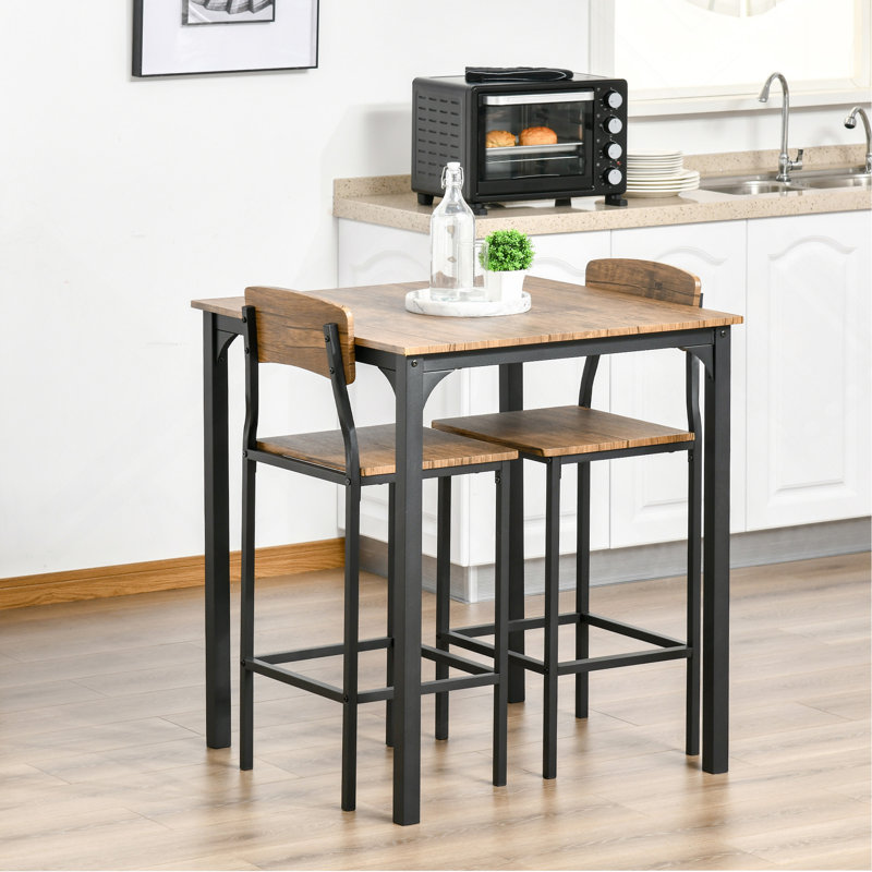 Ensemble de table de bar 3 pièces, ensemble de table de salle à manger à hauteur de comptoir industriel, table de bar et chaises avec pieds et repose-pieds en acier, noir
