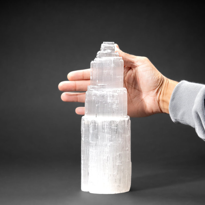 Large Cats-Eye Selenite (10") Castle Tower From Morocco