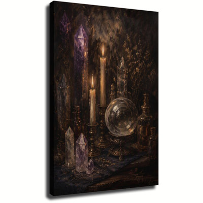Witch Altar With Amethyst Crystal Towers Crystal Ball And Burning Candles Vintage Canvas Wall Art