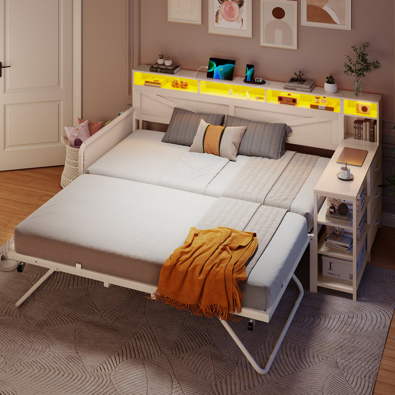 Lit de jour simple avec lit gigogne escamotable, structure de lit de jour en bois de ferme avec 3 tiroirs de rangement et tablettes, lit de jour simple avec station de charge et lumières DEL pour la chambre à coucher, la chambre d'amis