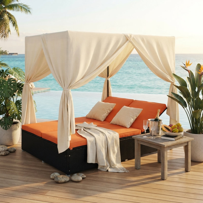 Lit de jour double pour l'extérieur avec rideaux d'intimité, lit de patio pour 2 personnes avec dossier réglable à 6 positions et structure en acier robuste pour la cour, la piscine et la terrasse