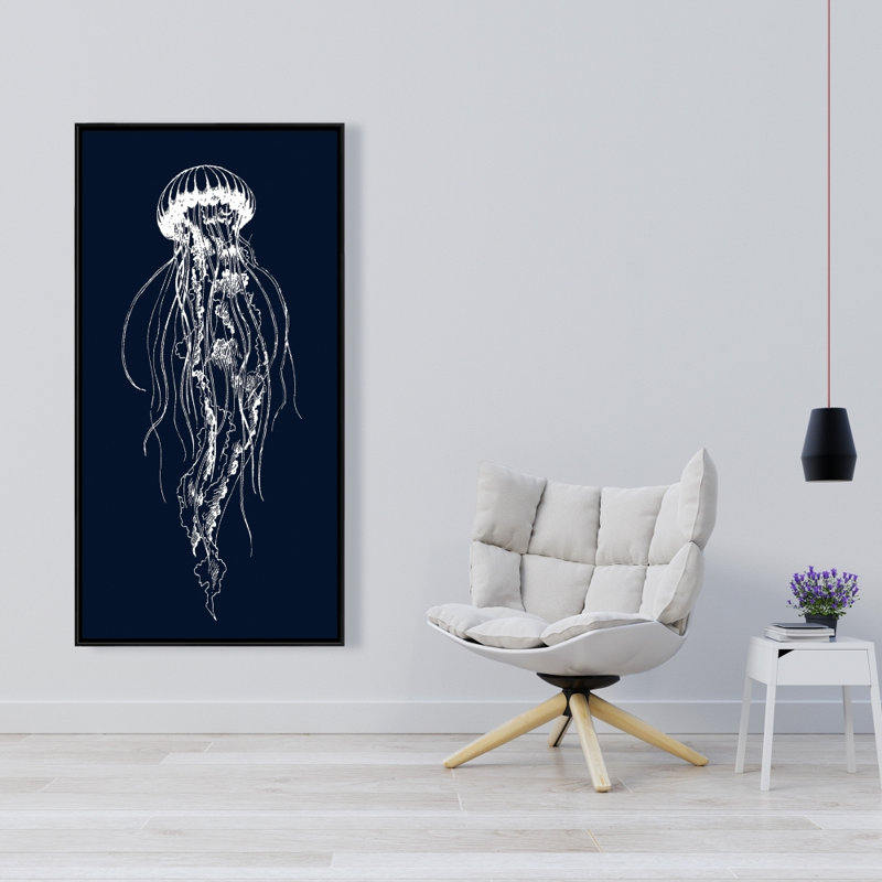 White jellyfish illustration - 24"x48" Framed canvas