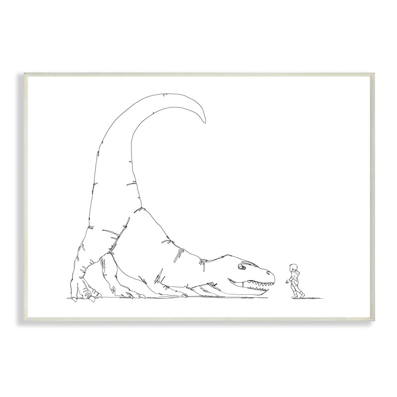 Dinosaur T-Rex And Boy Line Drawing Minimal - Print, Wall Plaque, 10" H x 15" W