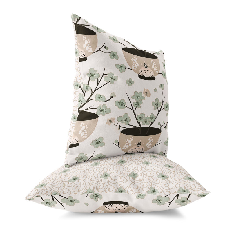 Coussin décoratif intérieur / extérieur Potting Cherry Blossoms, H 20 po x l 20 po, Vert/rose