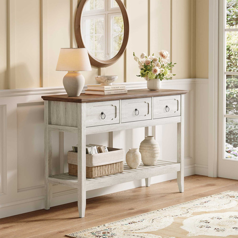 Rustic Entryway Table With Large Storage Space, Brown, White