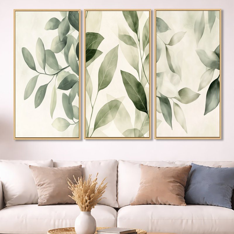 «Soft Sage Leaves - Ivory Leaves», ensemble de 3 reproductions sur toile encadrées, 40" H x 60" W