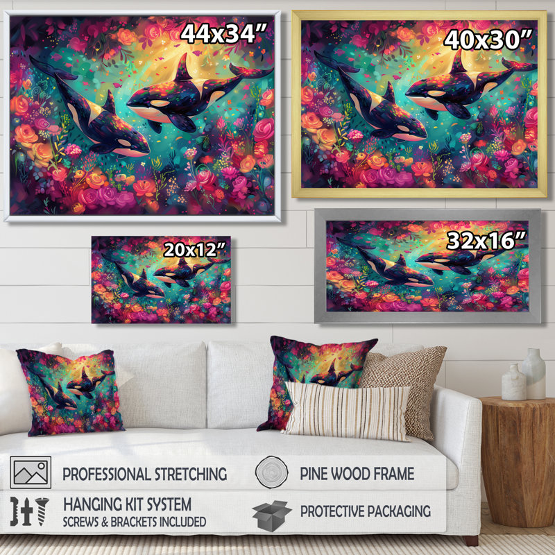 Black Orca Swimming Paradise Dream I - Whale Animal Wall Art Print, 30'' H x 40'' W, Brown Floater Framed