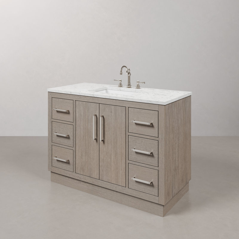 Hugo 48 In. Single Sink Carrara White Marble Countertop Vanity In Grey Oak With Hook Faucet, Chrome