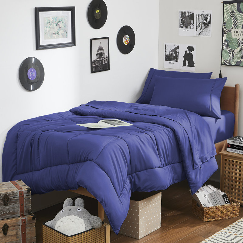 7PC Campus Ready Dorm Twin XL Bedding Bundle, Solid Comforter, Pillows And Sheet Set, Royal Blue