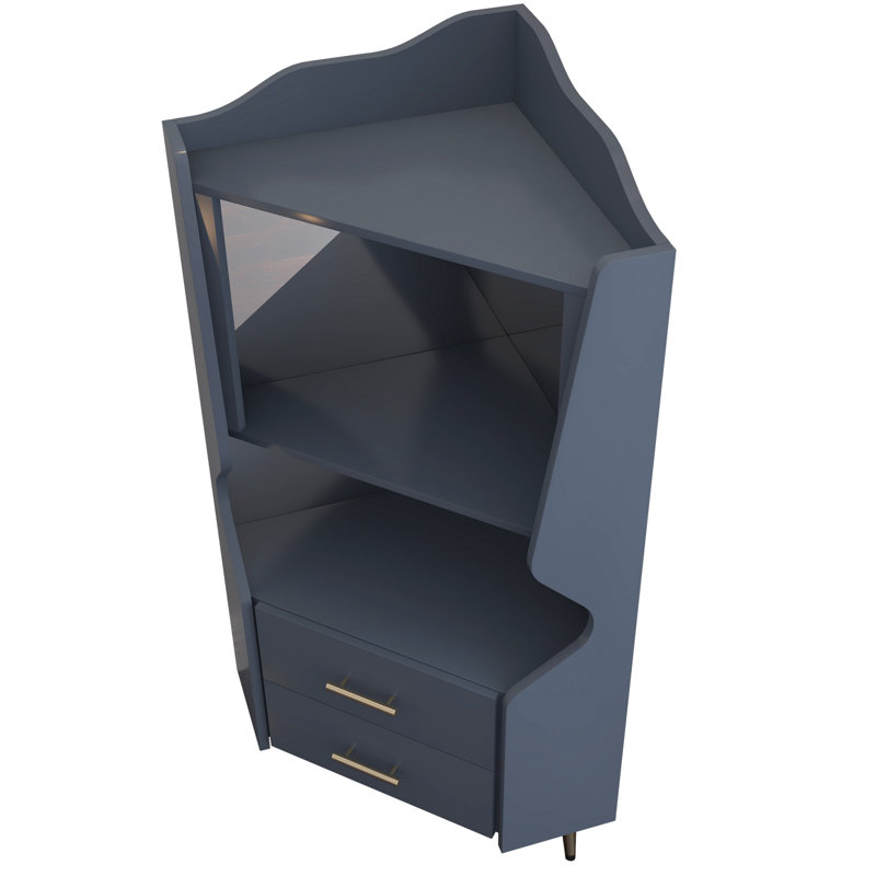 Armoire de coin avec 2 tablettes de rangement ouvertes et 2 tiroirs, armoire à miroir, Bleu