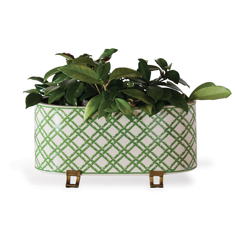 Meadow Green and Cream Porcelain Oval Planter with Brass Feet