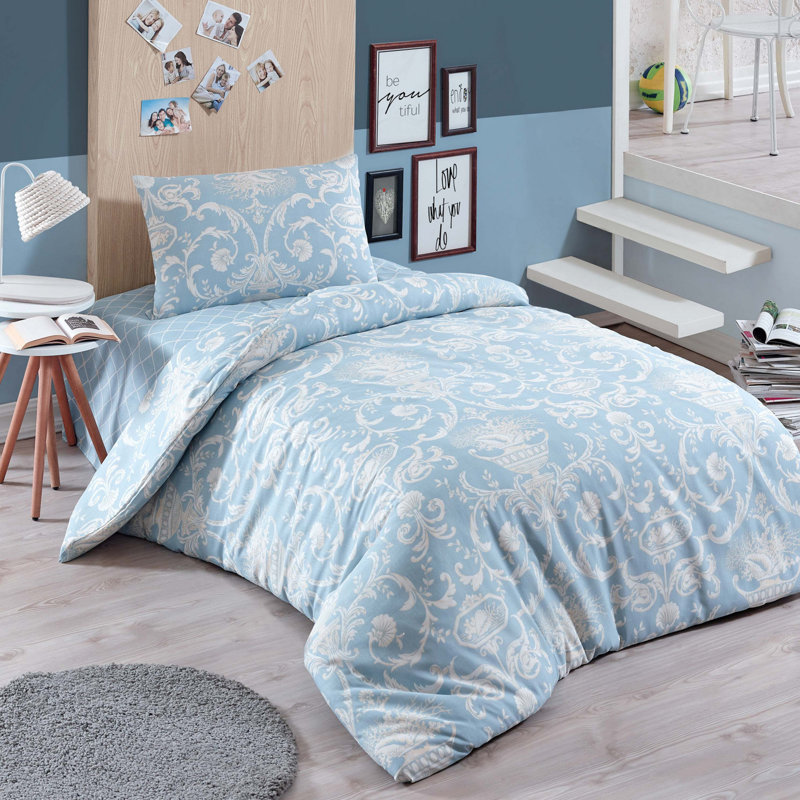 Ensemble de housse de couette en mélange de coton Gasaway, Housse de couette 61 po x 87 po + 1 taie d'oreille, Bleu / crème