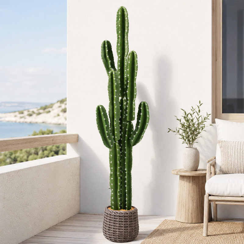 Cactus artificiel à 5 pointes et 5 cordes détachables 5 pi en pot tissé brun avec assemblage en 1 minute, H 62 po x l 12 po