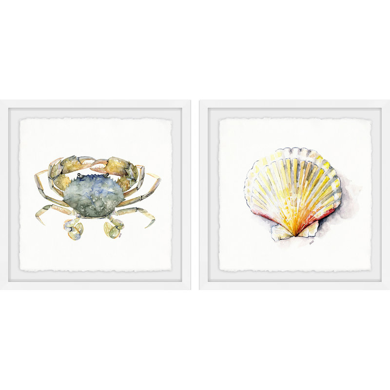 «Crab and Sea Shell Diptych», ensemble de 2 reproductions de peintures à l'aquarelle encadrées, H 32 po x l 32 po x P 1,5 po