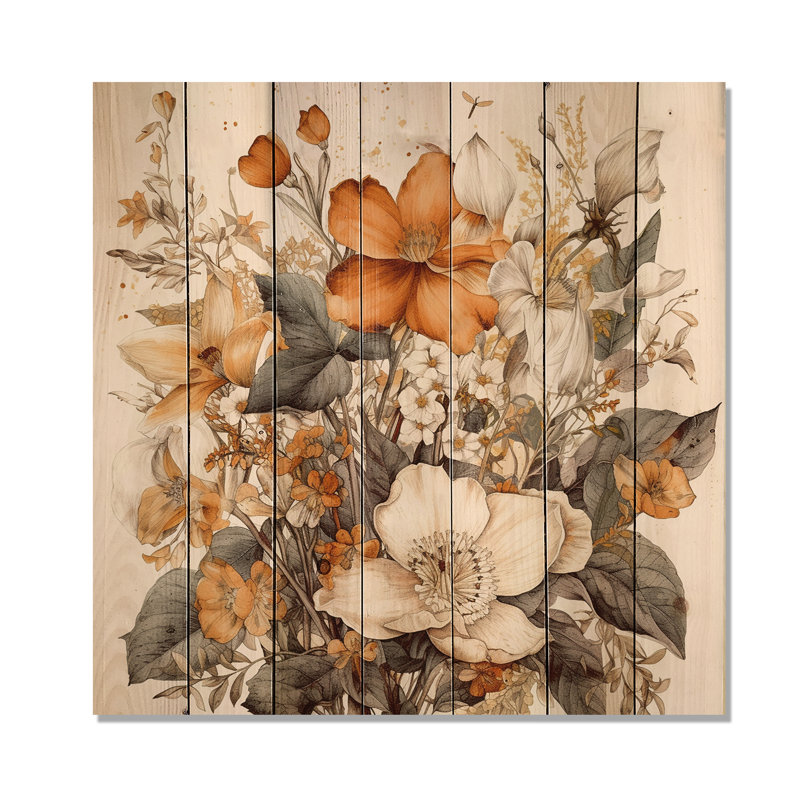 Traduction libre: Bouquet de fleurs crème et oranges II sur bois, H 35 po x l 35 po x P 0,78 po