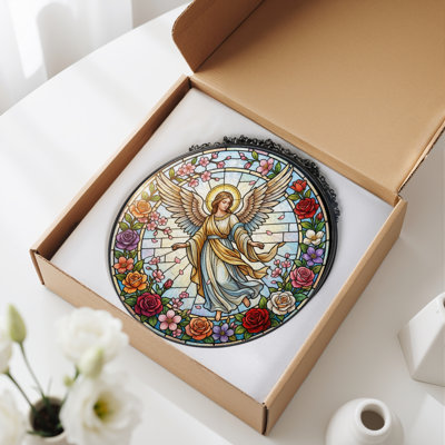 Angel Floral Stained Glass Window Panel，7.8H