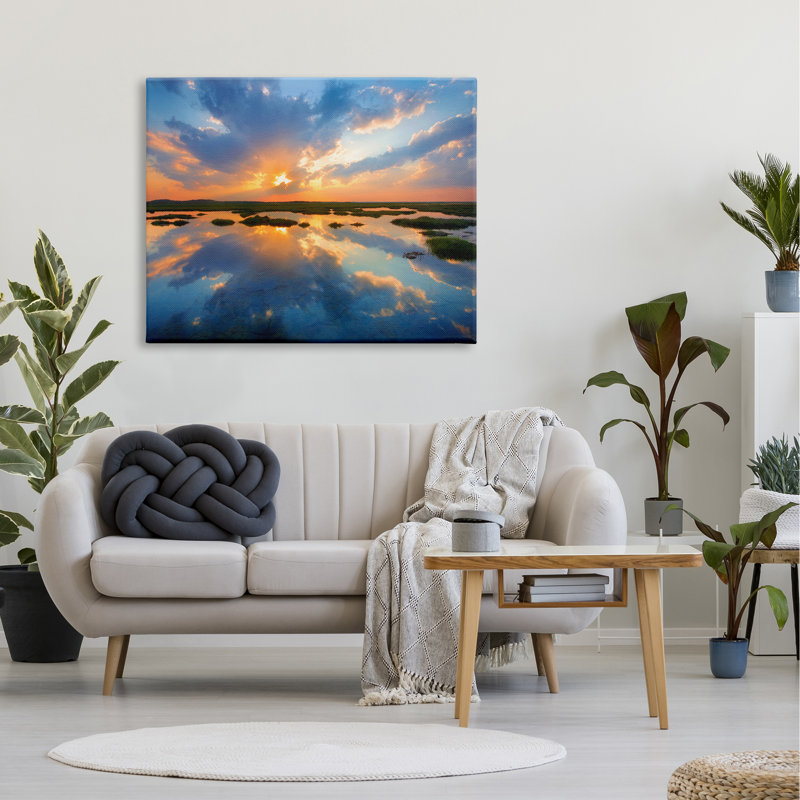 Coastal Lagoon Pond Sublime Orange Blue Sunset Sky, H 48 po x l 36 po, Toile tendue
