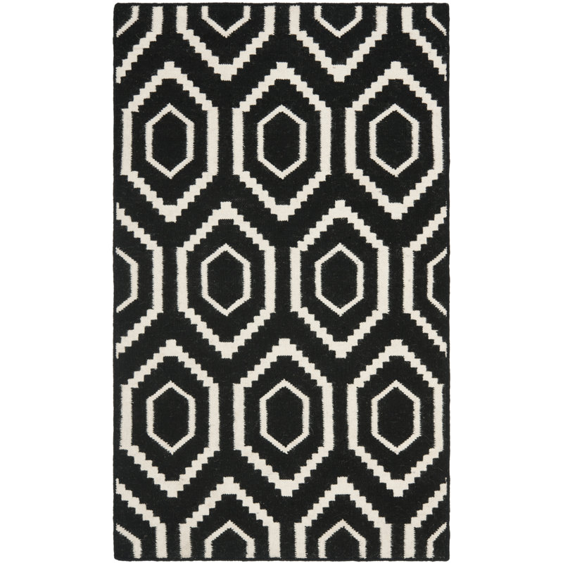 Bullock Hand Woven Flat Weave Wool/Cotton Geometric Rug in Black/Ivory, Rectangle 3' x 5'