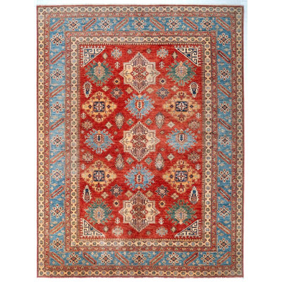 Kazak Rug 8x10 Hand Knotted Wool Area Rug, Afghan Tribal Carpet, Red and Blue Geometric Rug, Traditional Caucasian Style Rug