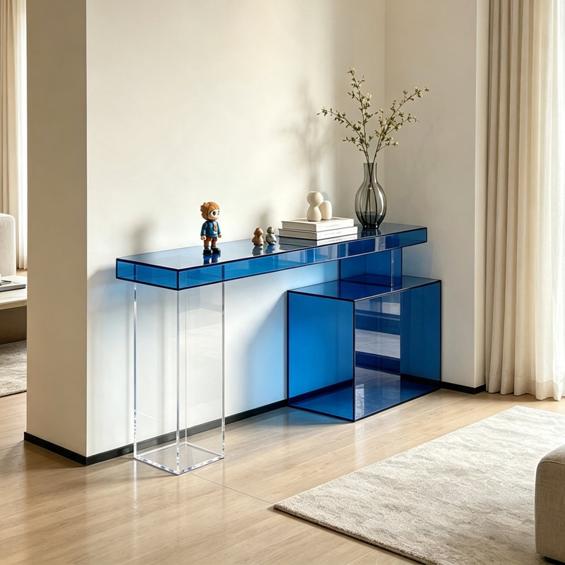Console moderne en acrylique transparent bleu, H 29,53 po x l 55,12 po x P 11,81 po