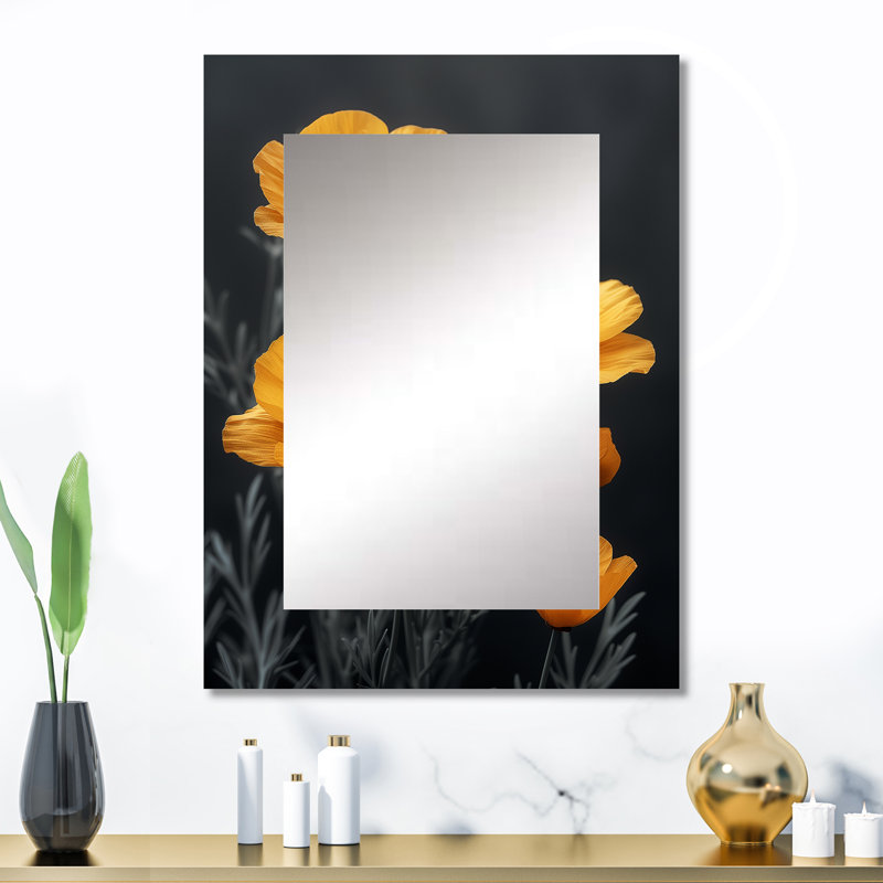 Yellow black Poppies Luminous Joy I - Poppies Decorative Mirror, Traditional Large Wall Mirror, Printed Metal Art, 32" x 24"