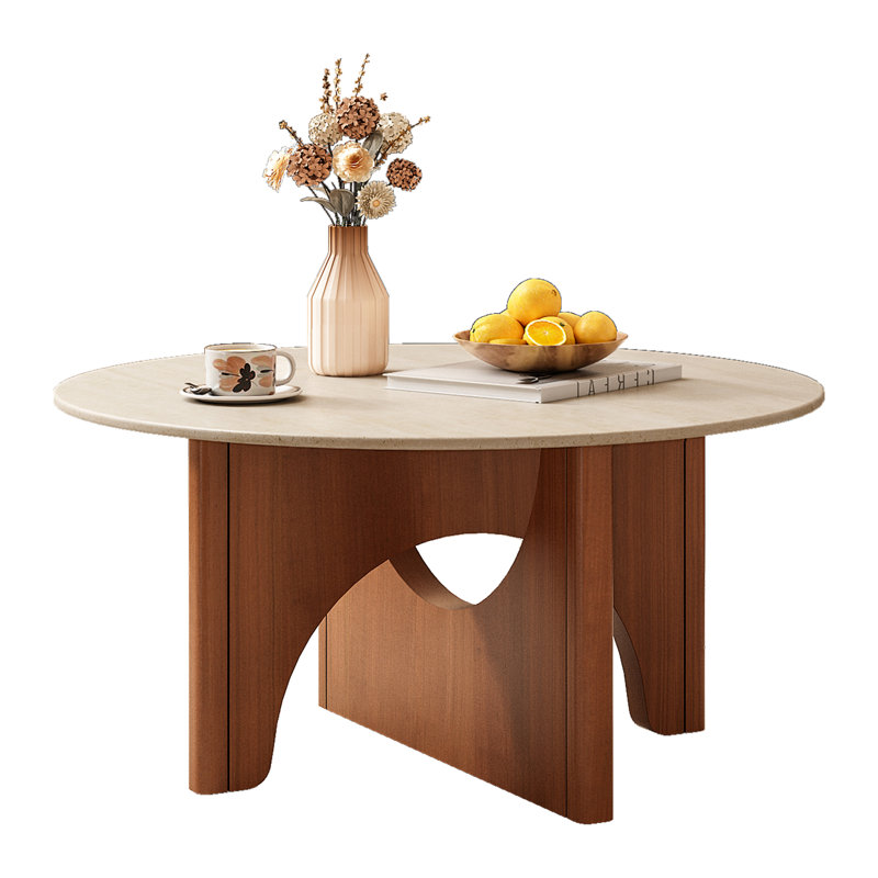 French Vintage Coffee Table, 31.5"  Solid Cherry Wood Coffee Table with Sintered Stone Top, Round Cocktail Table for the Living Room