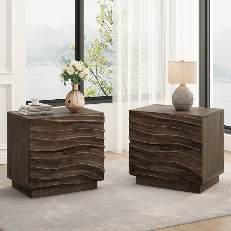 Ensemble de 2 tables de chevet en bois massif avec 2 tiroirs, Brun