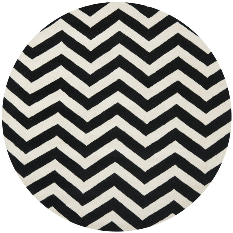 Tapis ivoire / noir en laine touffeté à la main Teresita, Rond 7 pi
