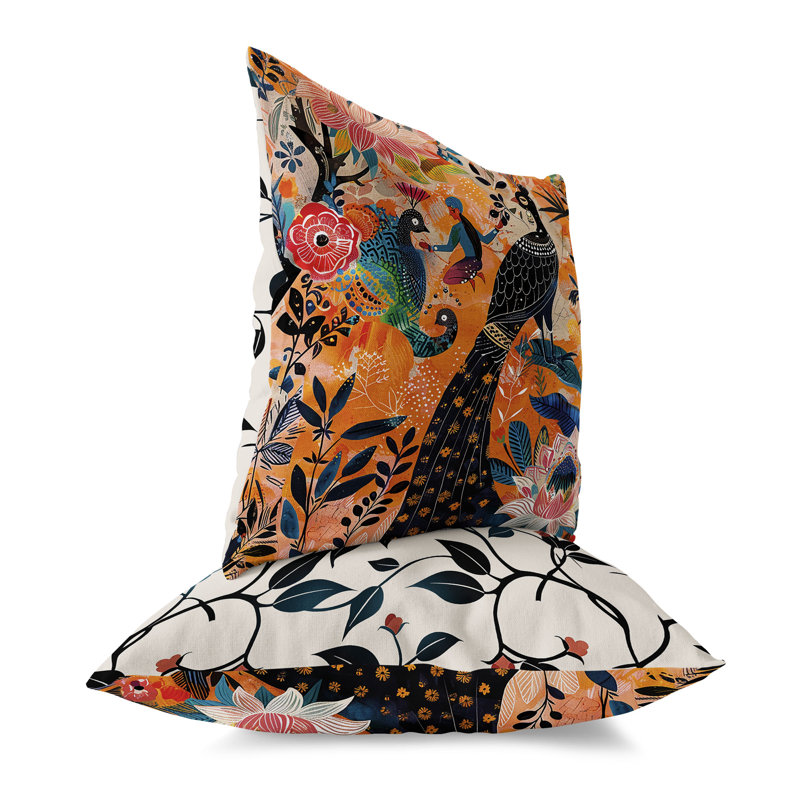 Coussin Jungle Tapisserie, Noir / Orange, H 26 po x l 26 po