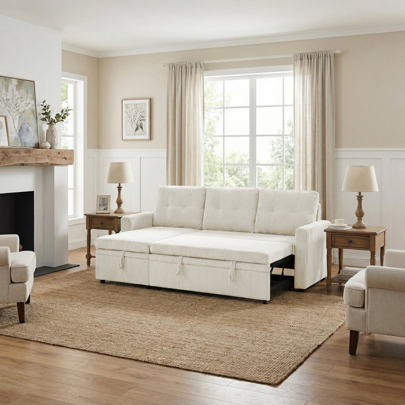 Upholstered L-Shape Beige Corduroy Space-Saving Sleeper Pull-Out Sofa With Hidden Storage, Beige Corduroy