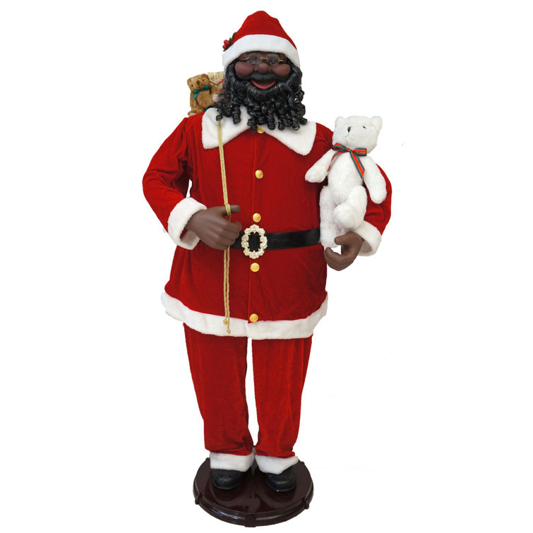 African American Dancing Santa with Toy Sack and Teddy Bear