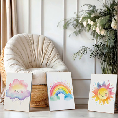Ensemble de 3 affiches murales encadrées, motif aquarelle mignon nuage arc-en-ciel soleil, sur toile, pour la décoration de chambre d'enfant. Imprimés colorés et joyeux, style dessin animé, pour chambre de fille ou de garçon. Décor moderne pour la maison.