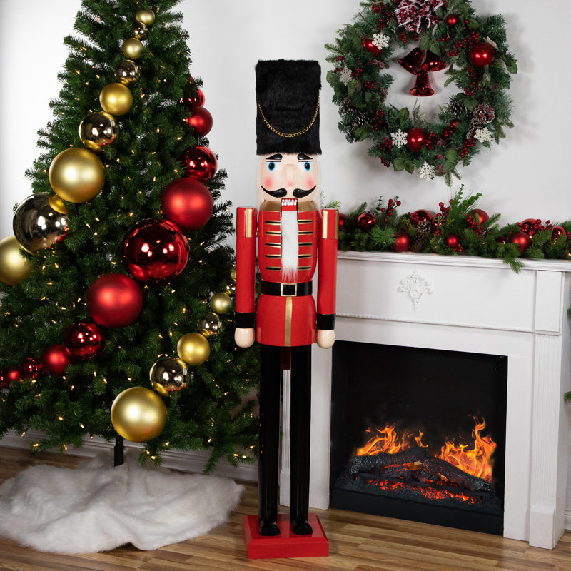 Soldat casse-noisette de Noël en bois de grandeur commerciale géante de 6 pi, rouge et noir