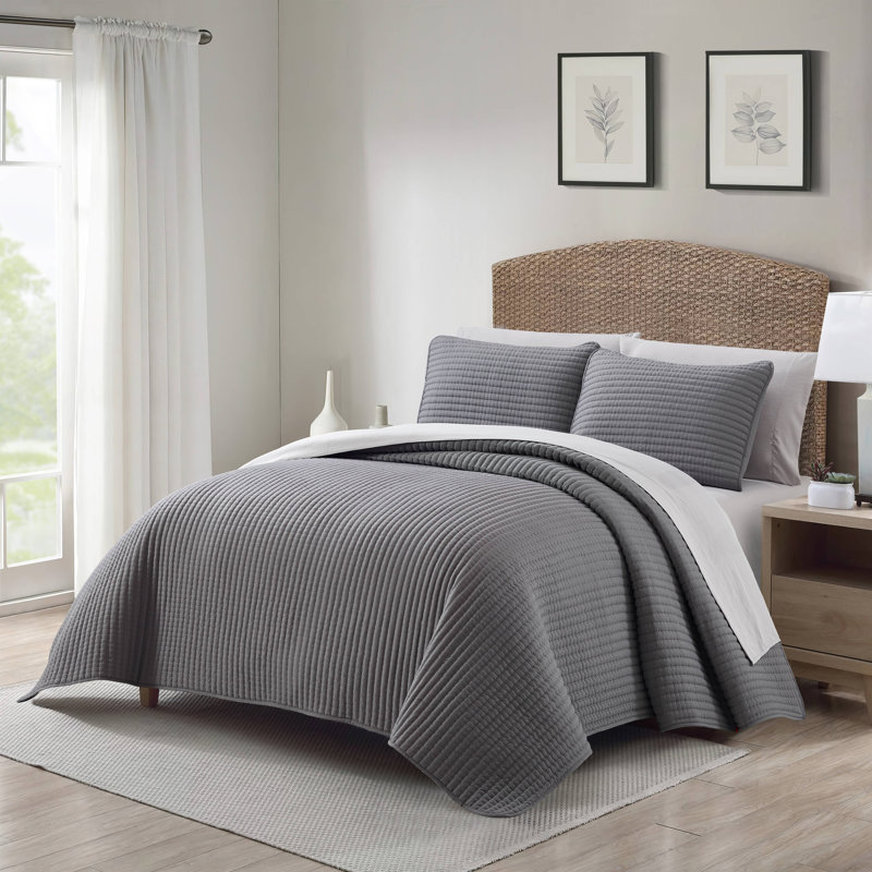 Gray Microfiber Queen Quilt Set with Waffle Design