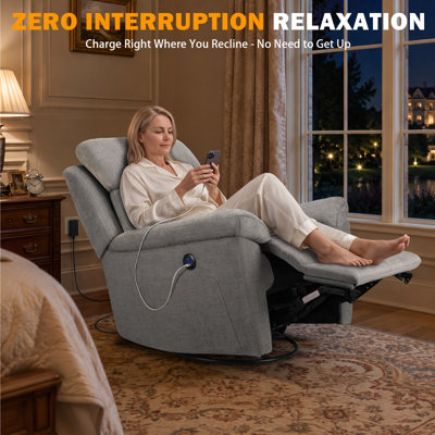 Fauteuil inclinable pivotant électrique, inclinable de 110° à 145° avec port USB, tissu résistant à l'eau, canapé une place à ressorts ensachés et mousse à mémoire de forme, capacité de 136 kg