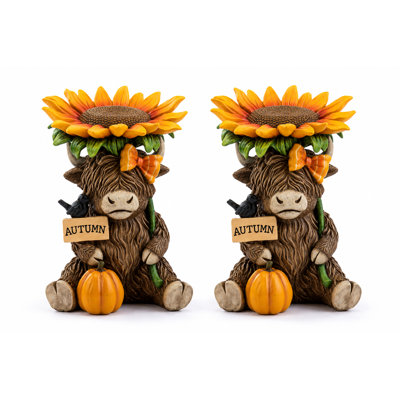 Set of 2 Highland Cow Harvest Figurines with Sunflower Hat, Pumpkin & Autumn Sign  Fall