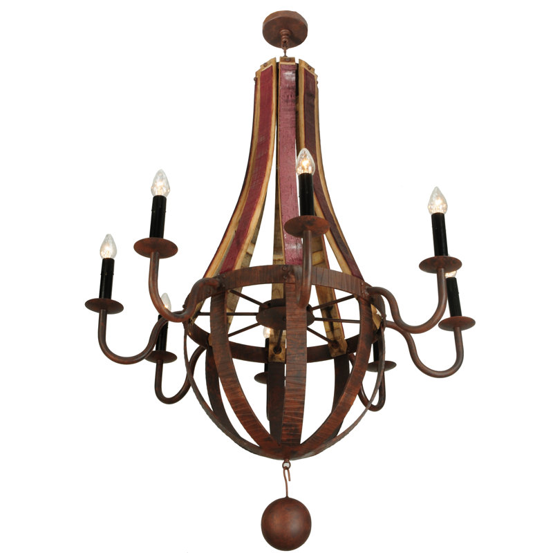 8 - Light Chandelier, Wrought Iron/Natural Wood, 59" H x 44" W x 44" D