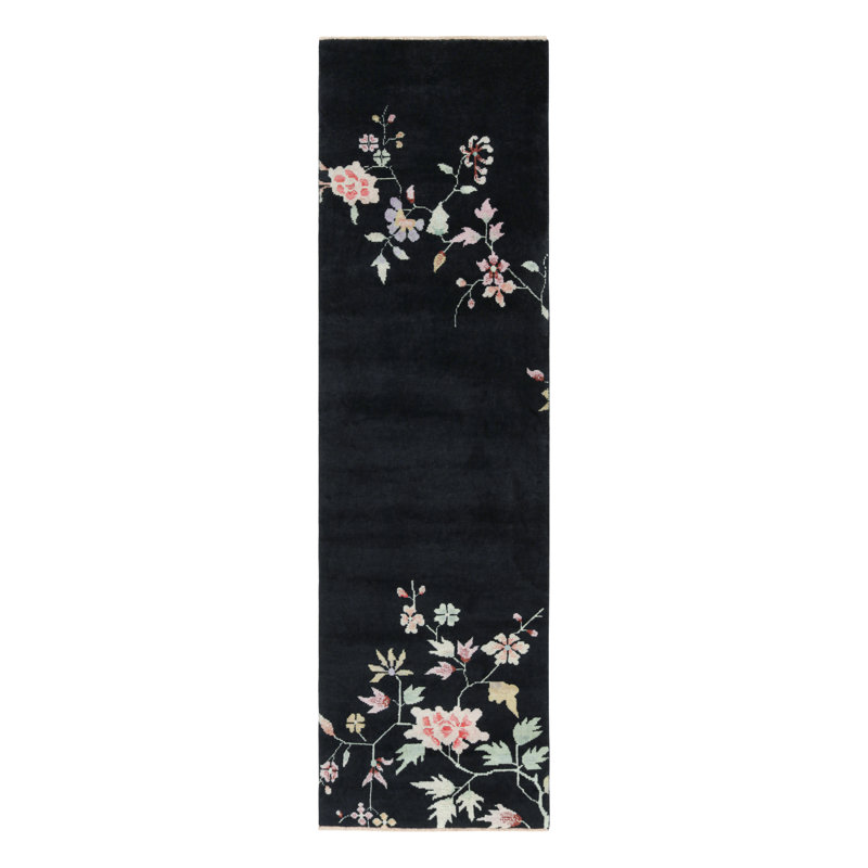 Rug & Kilim’S Chinese Art Deco Style Runner In Black With Colorful Florals
