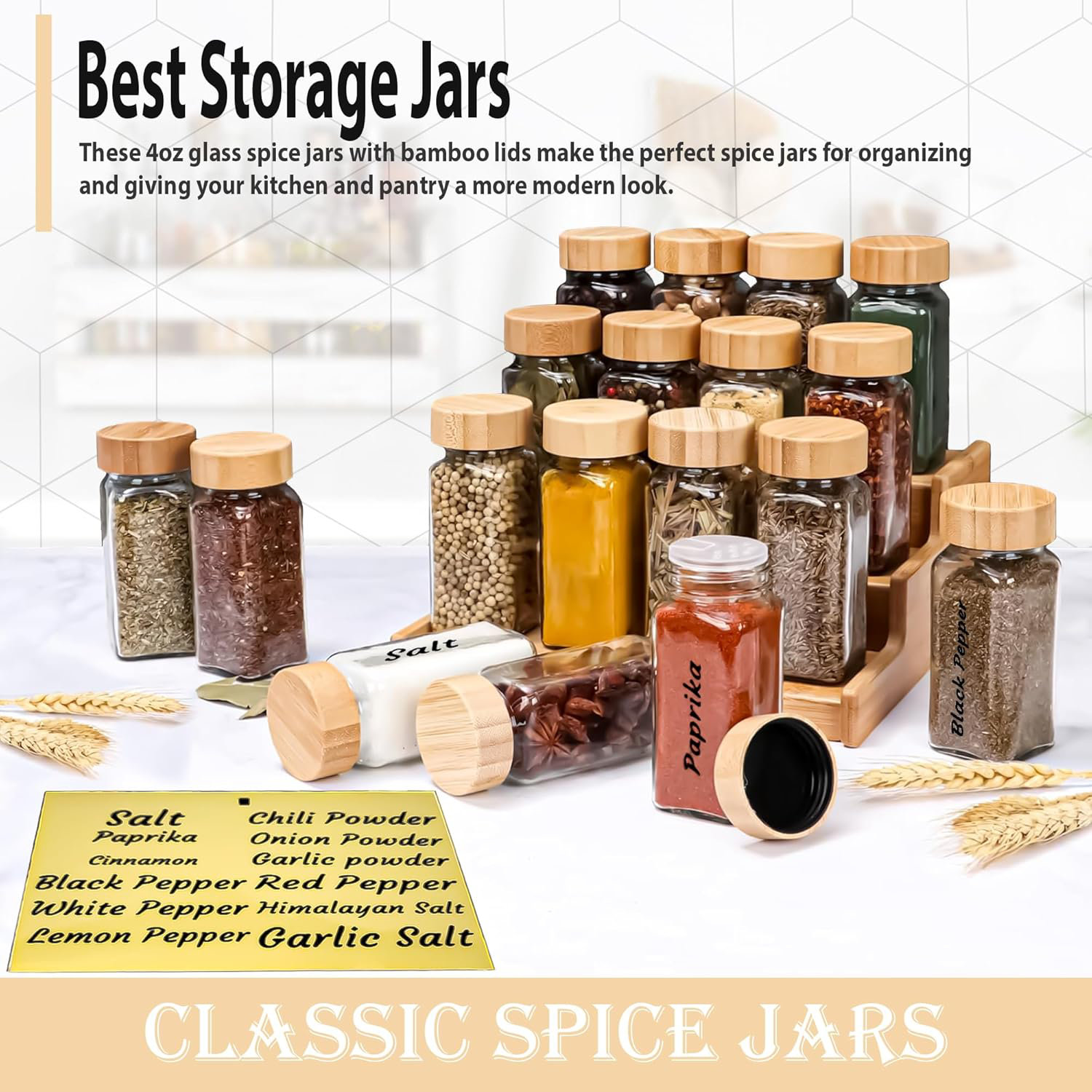 Prep & Savour Glass Spice Jars With Bamboo Airtight Lids - (4 Pack) - 4 ...