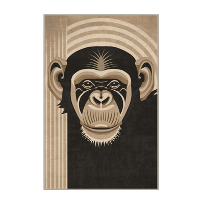 Machine Washable Ozgur Chimpanzee Primate Art Deco Arc Rug in Brown 