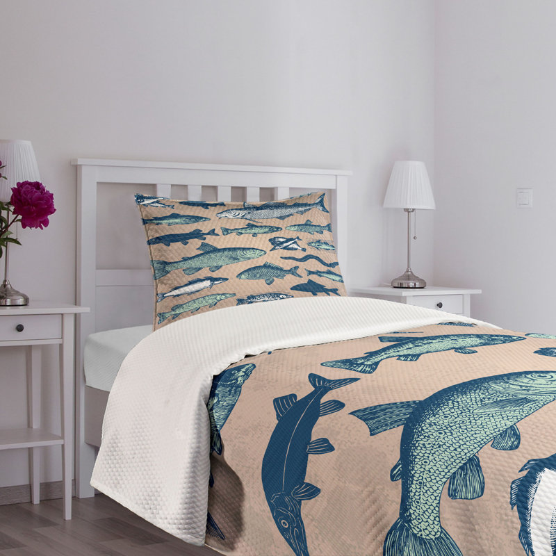 Twin White and Blue Fish Quilted Bedspread Set
