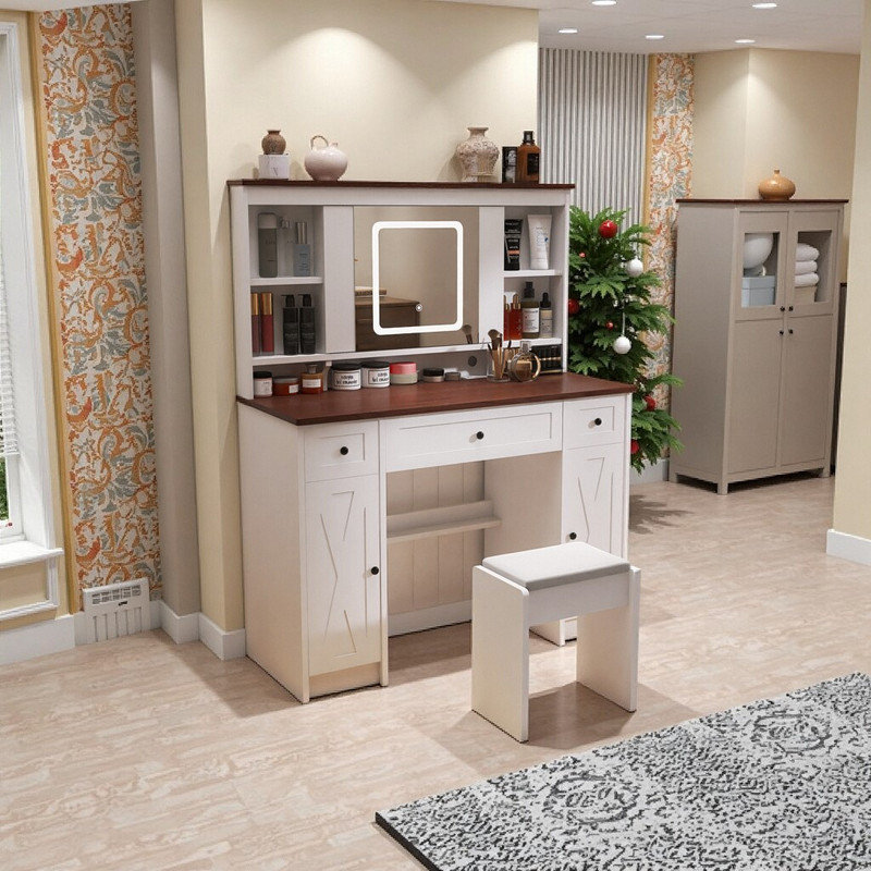 Large Farmhouse Vanity Desk with Sliding Mirror, Dimmable LED Lighting, Charging Station, and Storage Drawers