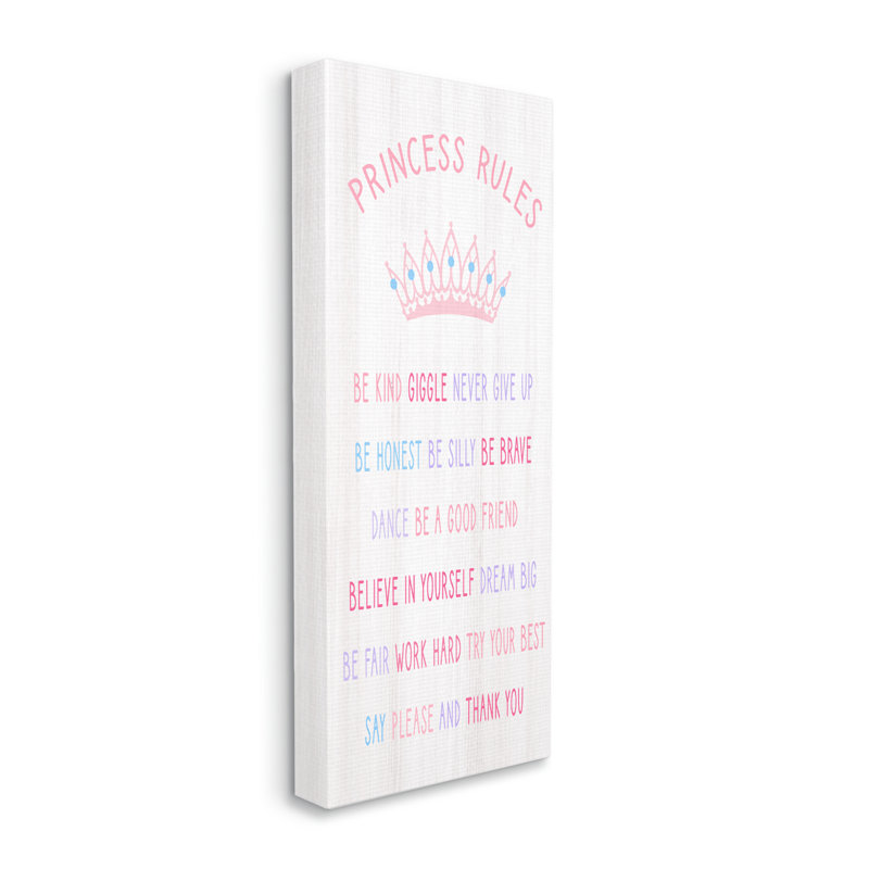 Princess Rules Listed Kids Pretend Pink Crown by Daphne Polselli - Textual Art, 24" H x 10" W x " W x 1.5" D, Wrapped Canvas