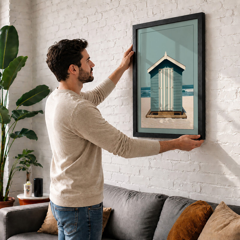 Quiet Beach Hut Coastal - Framed Print, A3 - 42.0 x 29.7 cm, White
